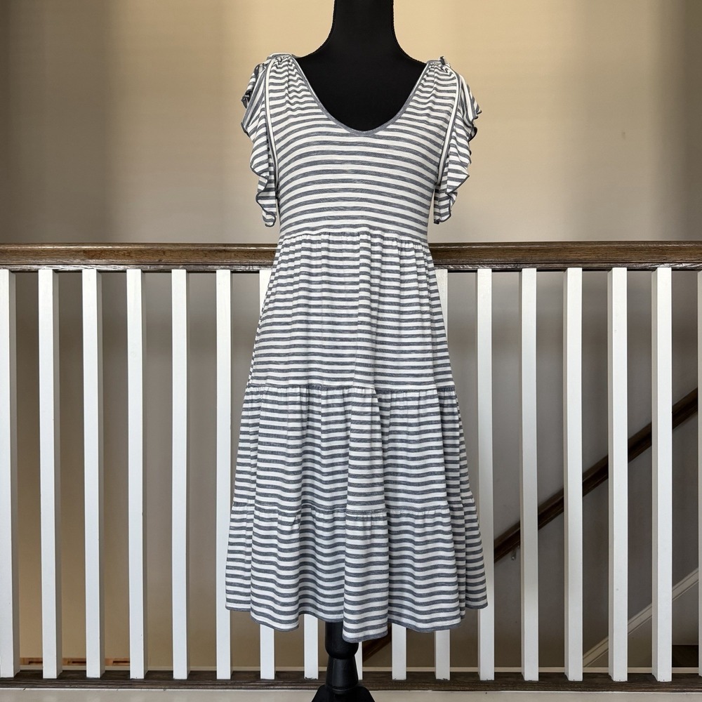 Max Studio Tiered Dress Small Blue Striped Ruffle Sleeve Coastal Boho Coquette